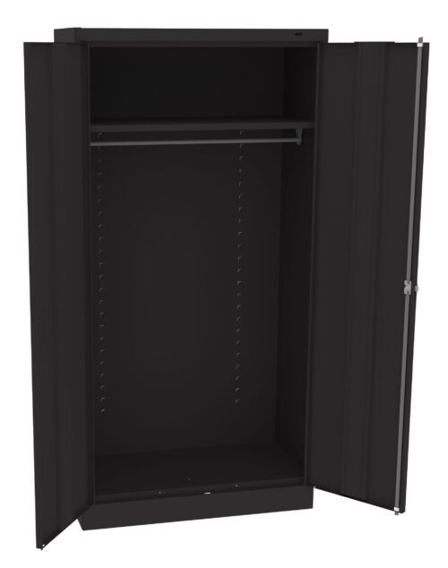 Black metal storage cabinet with two open doors. It features an empty interior with a single clothing rod and adjustable shelf brackets on the sides. The cabinet has a simple, minimalist design suitable for office or home use.