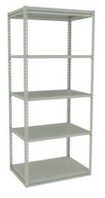 A tall, metal storage shelf unit with five adjustable shelves, designed for organizing or storing items. The frame and shelves are light gray, showcasing a simple and utilitarian design.