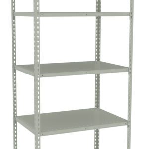 A tall, metal storage shelf unit with five adjustable shelves, designed for organizing or storing items. The frame and shelves are light gray, showcasing a simple and utilitarian design.