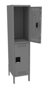 A gray metal locker with two compartments stands on four legs. The top compartment is open, showing an empty interior, while the bottom compartment is closed. Both doors have vents and recessed handles.