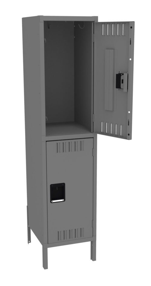 A gray metal locker with two compartments stands on four legs. The top compartment is open, showing an empty interior, while the bottom compartment is closed. Both doors have vents and recessed handles.