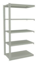 A metal shelving unit with five adjustable shelves. The frame is sturdy and industrial, featuring perforated edges for customization. The unit is assembled and displayed against a plain background.