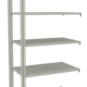 A metal shelving unit with five adjustable shelves. The frame is sturdy and industrial, featuring perforated edges for customization. The unit is assembled and displayed against a plain background.
