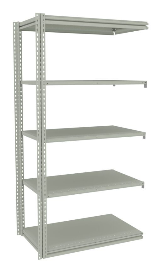 A metal shelving unit with five adjustable shelves. The frame is sturdy and industrial, featuring perforated edges for customization. The unit is assembled and displayed against a plain background.