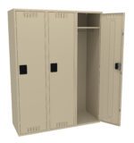 A beige three-door locker, with the right door open, revealing a hanging rod inside. The locker features black handles and ventilation slots at the top and bottom of each door.