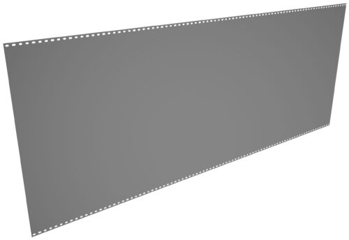 A large, gray, trapezoidal shape with evenly spaced small holes along its top and bottom edges against a white background.