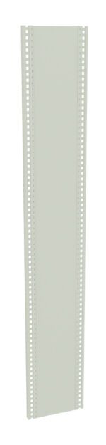 A vertical, rectangular, light grey panel with perforated edges, possibly a metal or plastic component used for construction or industrial purposes.