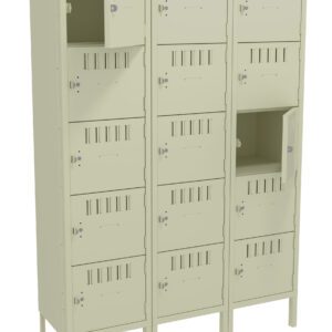 A row of metal lockers with multiple compartments, two of which are open. The lockers are beige and stand on short legs. Several air vents are visible on the doors for ventilation.