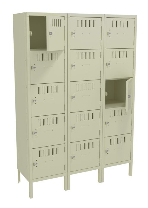 A row of metal lockers with multiple compartments, two of which are open. The lockers are beige and stand on short legs. Several air vents are visible on the doors for ventilation.