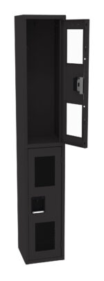 Tall black metal cabinet with two compartments. The top compartment has its door open, featuring a built-in window and a latch. The bottom compartment door is closed, with a rectangular handle and two small windows.