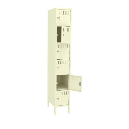 A beige metal locker with five compartments, one of which is open. The design is industrial, with small ventilation slits on each door. The locker stands on four legs and is shown against a plain white background.
