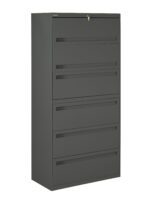 A tall, gray, five-drawer filing cabinet with horizontal handles and a lock on the top drawer.