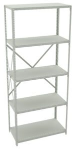 A tall, metal shelving unit with five adjustable shelves and X-shaped braces on the back for support. The shelves are evenly spaced, and the metal is painted in a light gray color. The unit is empty and shown against a white background.