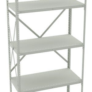 A tall, metal shelving unit with five adjustable shelves and X-shaped braces on the back for support. The shelves are evenly spaced, and the metal is painted in a light gray color. The unit is empty and shown against a white background.