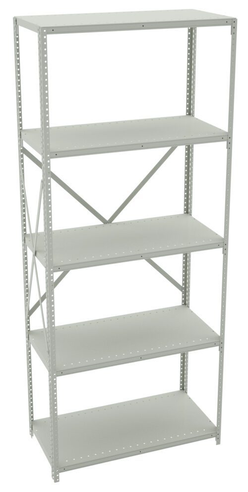 A tall, metal shelving unit with five adjustable shelves and X-shaped braces on the back for support. The shelves are evenly spaced, and the metal is painted in a light gray color. The unit is empty and shown against a white background.