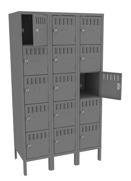 bnst1c7oialcjglac34t.jpg Gray metal locker unit with three columns of small compartments. Each column has six compartments, with vented doors and key locks. Two doors are open, revealing empty interior spaces.