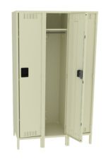 A beige three-door metal locker with two doors closed and one door open, revealing an empty interior with a hanging rod. The locker has vents on the top and bottom, and each door has a black rectangular handle.