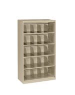 A beige, five-shelf metal storage unit with multiple clear dividers on each shelf, designed for organizing files or materials. The shelving unit stands alone against a plain white background.
