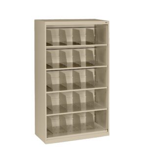 A beige, five-shelf metal storage unit with multiple clear dividers on each shelf, designed for organizing files or materials. The shelving unit stands alone against a plain white background.