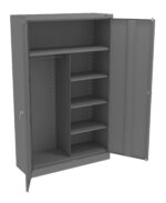 A gray metal storage cabinet with two open doors, revealing a hanging rod on the left and five adjustable shelves on the right, designed for organization and storage.