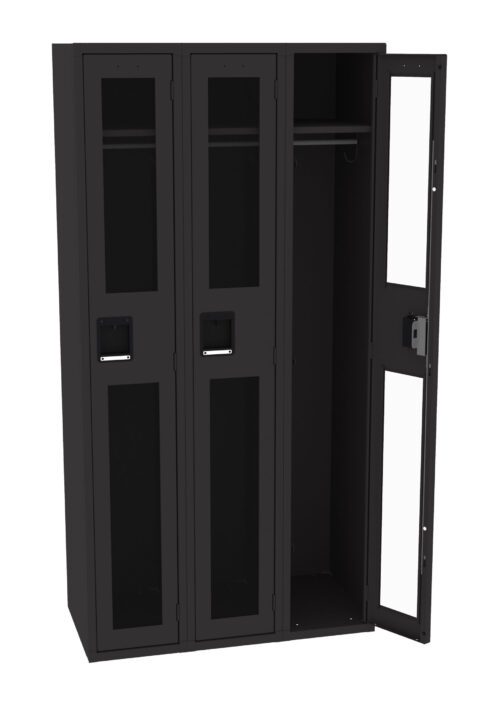 Black multi-compartment locker with three sections. The rightmost door is open, showing hanging space inside. Each door features a handle and a small ventilation window.