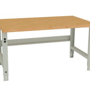 A sturdy workbench with a light wood top and gray metal legs. The bench has a rectangular shape and a simple, functional design, suitable for various tasks and environments.