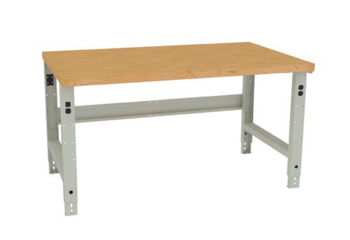 bowfbz7qeacfj5umhq8m.jpg A sturdy workbench with a light wood top and gray metal legs. The bench has a rectangular shape and a simple, functional design, suitable for various tasks and environments.