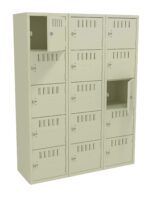A beige, triple-column locker unit with multiple small compartments, each with a vent and lock. Two doors are open, revealing empty spaces inside. The lockers are arranged in a neat, vertical alignment.