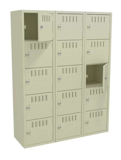 A beige, triple-column locker unit with multiple small compartments, each with a vent and lock. Two doors are open, revealing empty spaces inside. The lockers are arranged in a neat, vertical alignment.