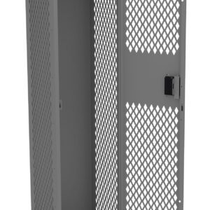 Gray metal mesh locker with one door open, standing on four legs. The locker has a shelf and a hanging rod inside. The mesh design allows visibility and ventilation. The surface is smooth with a lock mechanism on the door.