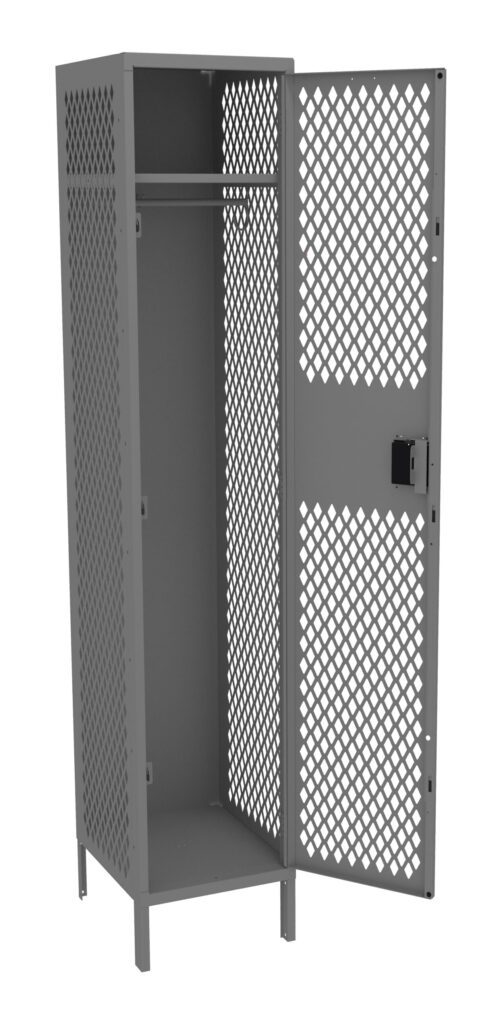 bozva3wpdaj6yqz60sef.jpg Gray metal mesh locker with one door open, standing on four legs. The locker has a shelf and a hanging rod inside. The mesh design allows visibility and ventilation. The surface is smooth with a lock mechanism on the door.