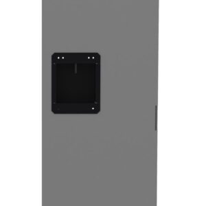 A tall, narrow, gray metal door with vertical vents at the top and bottom. It features a black rectangular handle located in the center, surrounded by a slight indentation in the metal.