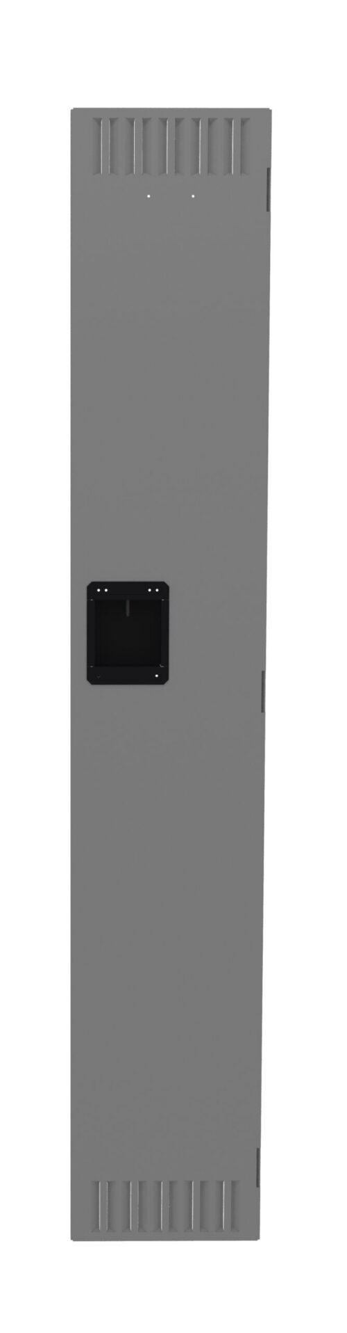 bpavygwvj3jwmgbq4cll.jpg A tall, narrow, gray metal door with vertical vents at the top and bottom. It features a black rectangular handle located in the center, surrounded by a slight indentation in the metal.