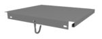 A flat, rectangular gray metal panel with a hook attached underneath. The panel has small rectangular cutouts at the edges and a slightly raised border on one side.