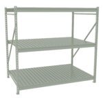 A metal storage rack with three horizontal shelves, supported by four vertical beams and diagonal cross-braces. The structure is metallic gray, designed for industrial or commercial storage use.