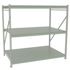 A metal storage rack with three horizontal shelves, supported by four vertical beams and diagonal cross-braces. The structure is metallic gray, designed for industrial or commercial storage use.