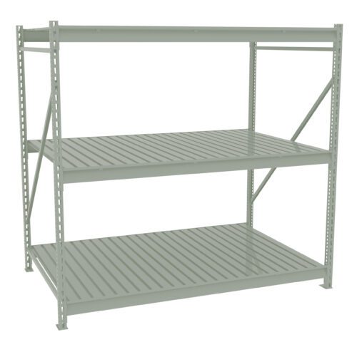 A metal storage rack with three horizontal shelves, supported by four vertical beams and diagonal cross-braces. The structure is metallic gray, designed for industrial or commercial storage use.