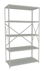 A gray metal shelving unit with five adjustable shelves. The design is industrial, featuring perforated side beams and crossbars for stability. The unit is empty and stands against a plain white background.