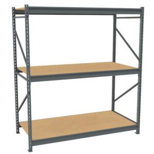 A large, metal storage shelf unit with two wooden shelves and an empty top space. The gray metal frame has a sturdy construction, with diagonal support bars at the sides, suitable for industrial or garage storage.