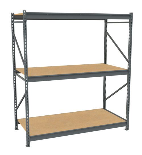 A large, metal storage shelf unit with two wooden shelves and an empty top space. The gray metal frame has a sturdy construction, with diagonal support bars at the sides, suitable for industrial or garage storage.