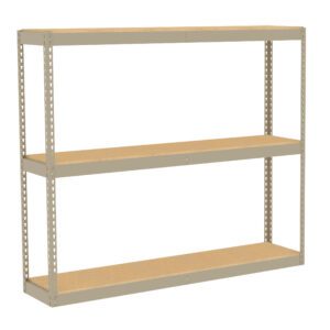 A beige metal shelving unit with three wooden shelves. The frame has a simple, industrial design with rectangular supports. The shelves are evenly spaced, offering ample storage space. The unit is set against a plain white background.