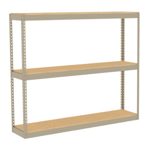 A beige metal shelving unit with three wooden shelves. The frame has a simple, industrial design with rectangular supports. The shelves are evenly spaced, offering ample storage space. The unit is set against a plain white background.