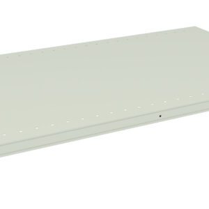 A flat, rectangular metal shelf with a light green finish, featuring rounded corners and small holes along the edges for mounting.