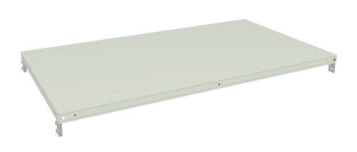 A flat, rectangular metal shelf with a light green finish, featuring rounded corners and small holes along the edges for mounting.