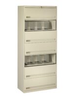 A beige, multi-drawer file cabinet with five pull-out compartments. Some drawers have clear dividers visible inside. The top drawer is slightly open and has a lock. The cabinet is upright against a plain background.