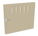 Beige metal door with ventilation slots on the upper half, a round handle on the left side, and a small rectangular opening below the slots. The door appears to be flat and slightly ajar.