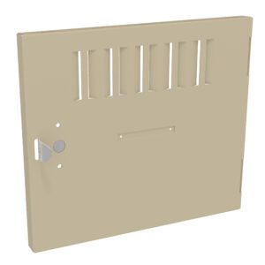 Beige metal door with ventilation slots on the upper half, a round handle on the left side, and a small rectangular opening below the slots. The door appears to be flat and slightly ajar.