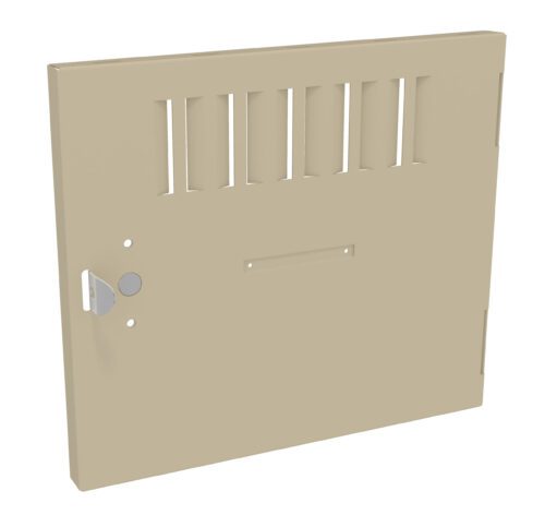 Beige metal door with ventilation slots on the upper half, a round handle on the left side, and a small rectangular opening below the slots. The door appears to be flat and slightly ajar.