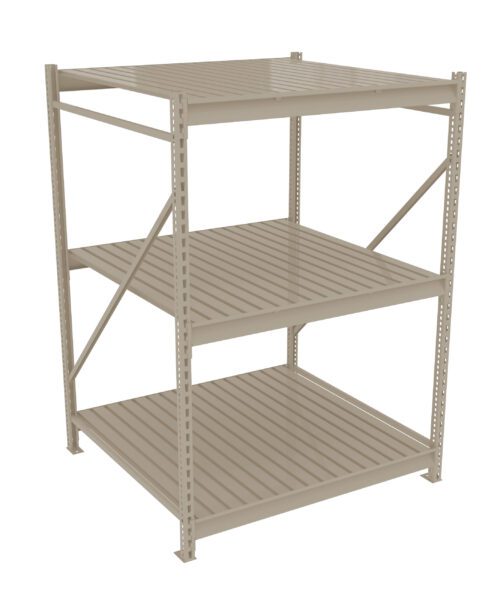 Metal storage rack with three adjustable shelves and a sturdy frame. The shelves are slatted and the unit is freestanding, suitable for organizing and storing various items in homes, garages, or warehouses.