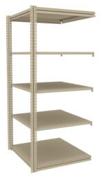 Metal shelving unit with five beige shelves and a frame with adjustable perforated supports. Ideal for storage or organizing various items in a garage or warehouse setting.